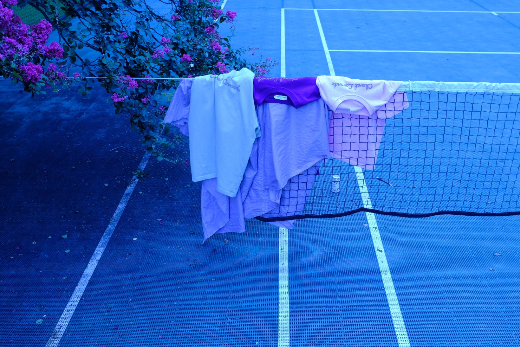 Several light-colored t-shirts in shades of purple, pink, and white are hanging on a tennis court net, with a flowering tree branch visible on the left side of the court.