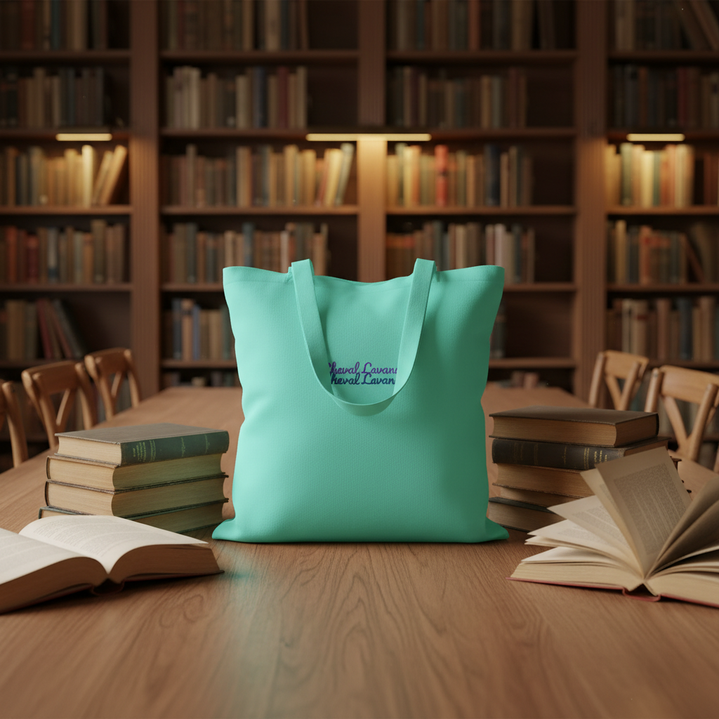 Mint embroidered tote bag in a library
